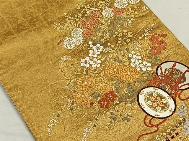 平和屋着物◎六通太鼓柄袋帯 鼓草花文 金糸 正絹 逸品 CAAN3626qv