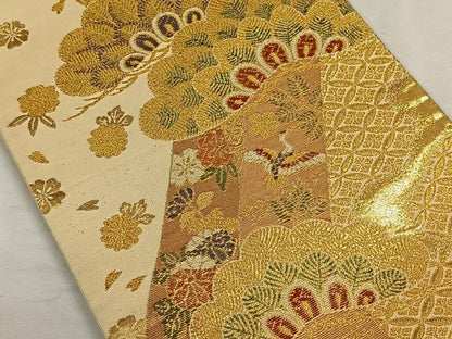 平和屋着物◎六通柄袋帯 飛鶴草花文 金糸 正絹 逸品 CAAN3628qv