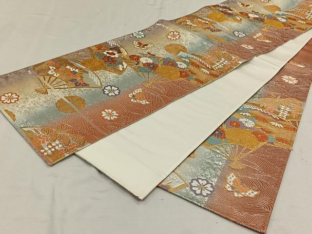 平和屋着物◎六通柄袋帯 扇面花蝶文 金糸 正絹 逸品 CAAN3643qv