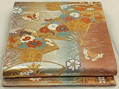 平和屋着物◎六通柄袋帯 扇面花蝶文 金糸 正絹 逸品 CAAN3643qv