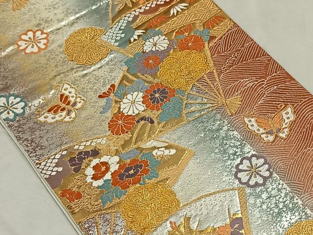 平和屋着物◎六通柄袋帯 扇面花蝶文 金糸 正絹 逸品 CAAN3643qv