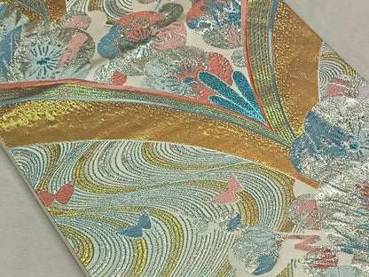 平和屋着物◎六通柄袋帯　流水花蝶文　金銀糸　正絹　逸品　CAAN3659qv