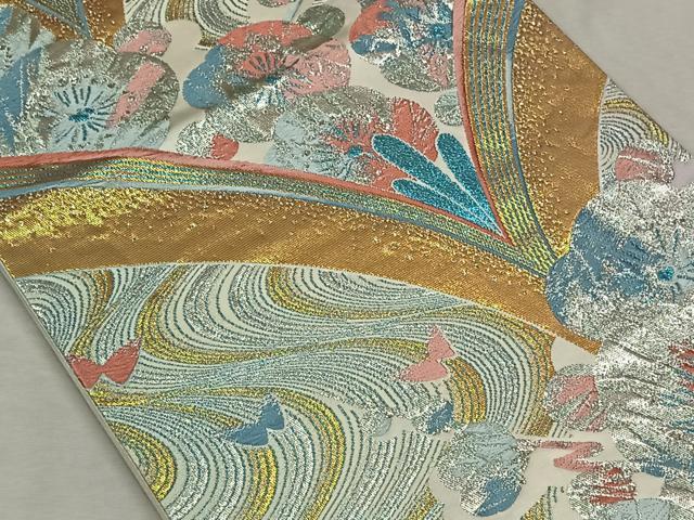 平和屋着物◎六通柄袋帯　流水花蝶文　金銀糸　正絹　逸品　CAAN3659qv