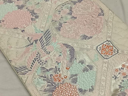 平和屋着物◎西陣　六通柄袋帯　蜀江鳳凰草花文　銀糸　正絹　逸品　CAAN3664qv