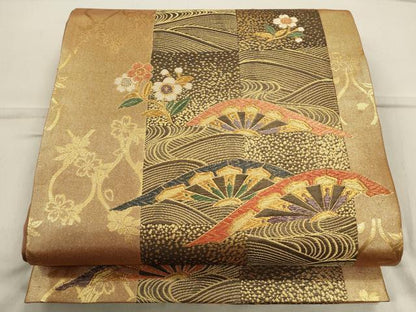 平和屋着物◎六通柄袋帯 片輪車花文 金糸 引箔 正絹 逸品 CAAO4255qe