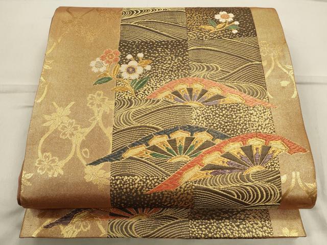 平和屋着物◎六通柄袋帯 片輪車花文 金糸 引箔 正絹 逸品 CAAO4255qe
