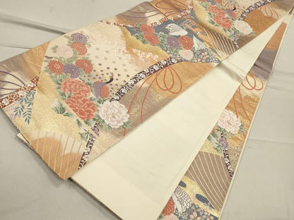 平和屋着物◎六通柄袋帯 唐織 舞扇雲取り孔雀文 金糸 引箔 正絹 逸品 CAAO4272qe