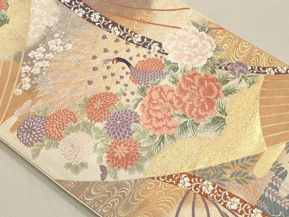 平和屋着物◎六通柄袋帯 唐織 舞扇雲取り孔雀文 金糸 引箔 正絹 逸品 CAAO4272qe