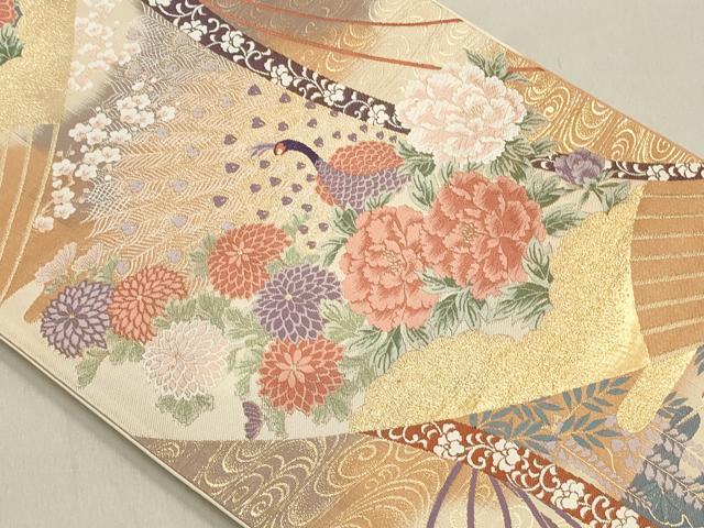 平和屋着物◎六通柄袋帯 唐織 舞扇雲取り孔雀文 金糸 引箔 正絹 逸品 CAAO4272qe