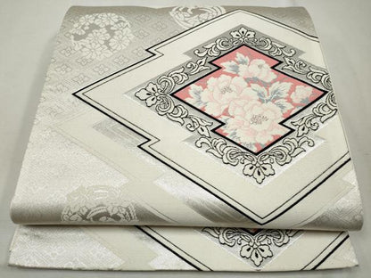 平和屋着物◎六通柄袋帯 唐織 松皮菱花文 銀糸 正絹 逸品 CAAO4468qe