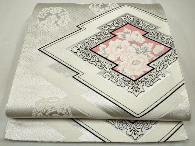 平和屋着物◎六通柄袋帯 唐織 松皮菱花文 銀糸 正絹 逸品 CAAO4468qe