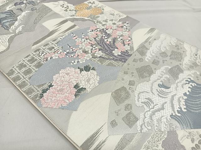 平和屋着物◎六通柄袋帯 地紙花文 九百錦 プラチナ箔 正絹 逸品 CAAO4904xe