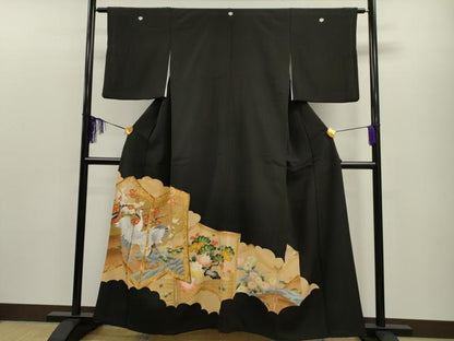 平和屋着物■豪華黒留袖　駒刺繍　屏風松竹梅鶴文　金彩　正絹　逸品　CAAO6649dy