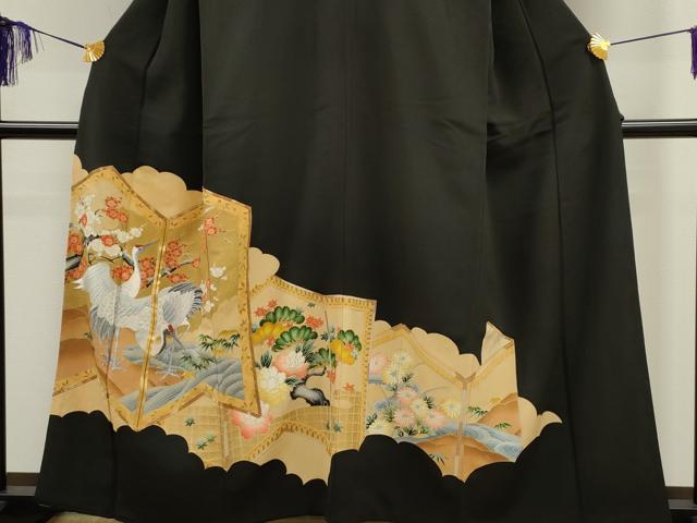平和屋着物■豪華黒留袖　駒刺繍　屏風松竹梅鶴文　金彩　正絹　逸品　CAAO6649dy