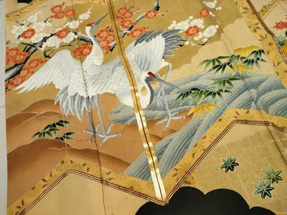 平和屋着物■豪華黒留袖　駒刺繍　屏風松竹梅鶴文　金彩　正絹　逸品　CAAO6649dy