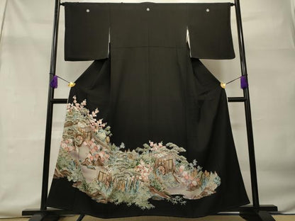 平和屋着物■豪華黒留袖　御所車雲取風景文　金彩　正絹　逸品　CAAO8494id