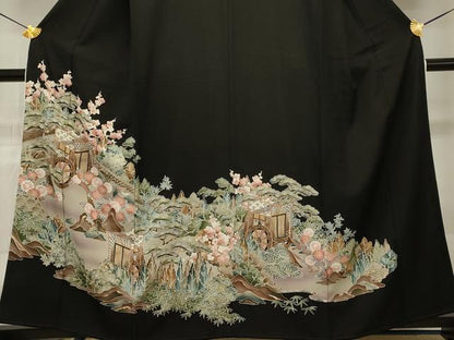 平和屋着物■豪華黒留袖　御所車雲取風景文　金彩　正絹　逸品　CAAO8494id