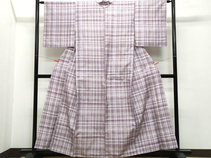 平和屋着物▽上質な紬 単衣 格子柄 正絹 逸品 CAAP4389vf