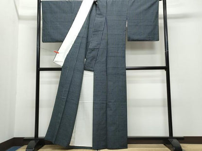 平和屋着物▽上質な紬 単衣 縞 正絹 逸品 CAAP4392vf