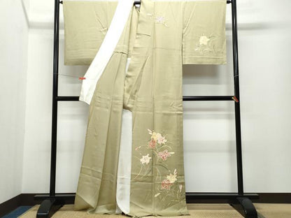 平和屋着物▽訪問着 単衣 駒刺繍 草花文 金彩 正絹 逸品 CAAP4395vf