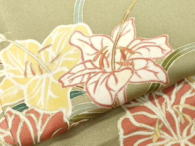 平和屋着物▽訪問着 単衣 駒刺繍 草花文 金彩 正絹 逸品 CAAP4395vf