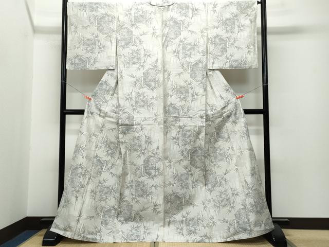 平和屋着物▽本場大島紬 単衣 白大島 120亀甲 風景草花文 正絹 逸品 CAAP4400vf