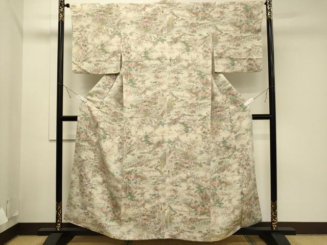 上質な小紋袷着物　建物風景文　鬼しぼ縮緬 平和屋着物□上質な小紋 人物風景文 鬼しぼ縮緬 正絹 逸品