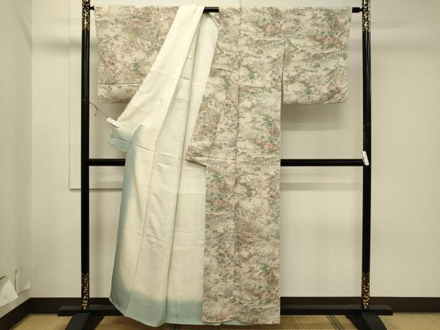 上質な小紋袷着物　建物風景文　鬼しぼ縮緬 平和屋着物□上質な小紋 風景草花文 鬼しぼ縮緬 正絹 逸品