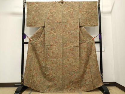 平和屋着物▽上質な小紋　単衣　切嵌花唐草文　鬼しぼ縮緬　正絹　逸品　CAAP5507ut