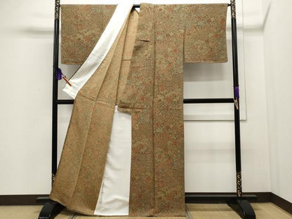 平和屋着物▽上質な小紋　単衣　切嵌花唐草文　鬼しぼ縮緬　正絹　逸品　CAAP5507ut