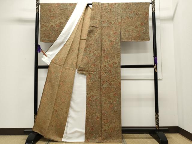 平和屋着物▽上質な小紋　単衣　切嵌花唐草文　鬼しぼ縮緬　正絹　逸品　CAAP5507ut