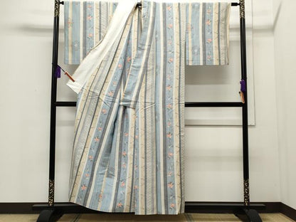 平和屋着物▽上質な紬 単衣 草花間道 正絹 逸品 CAAP5508ut