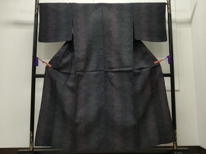 平和屋着物▽結城ちぢみ 単衣 吉祥よろけ縞 正絹 逸品 CAAP5510ut