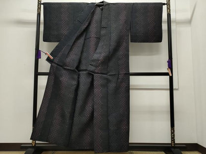 平和屋着物▽結城ちぢみ 単衣 吉祥よろけ縞 正絹 逸品 CAAP5510ut