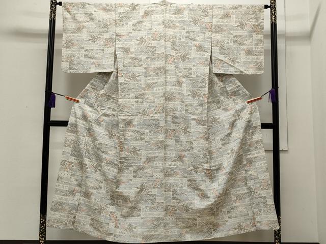平和屋着物▽上質な紬 単衣 風景草花文 正絹 逸品 CAAP5518ut