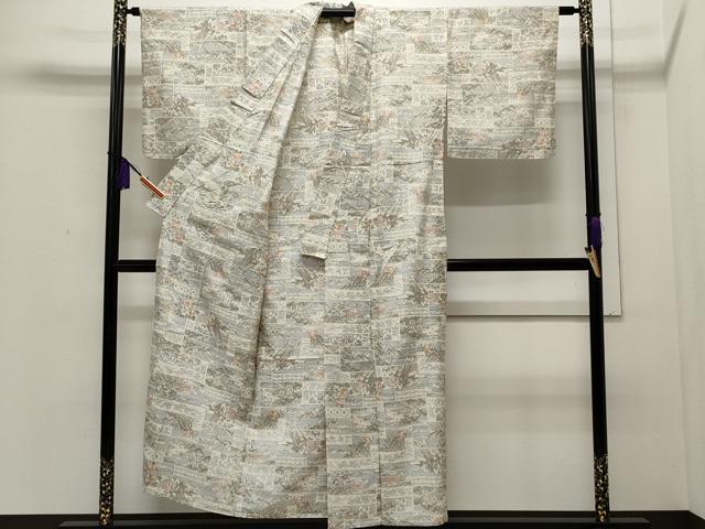 平和屋着物▽上質な紬 単衣 風景草花文 正絹 逸品 CAAP5518ut