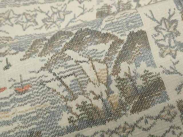 平和屋着物▽上質な紬 単衣 風景草花文 正絹 逸品 CAAP5518ut