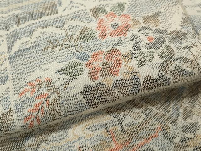 平和屋着物▽上質な紬 単衣 風景草花文 正絹 逸品 CAAP5518ut