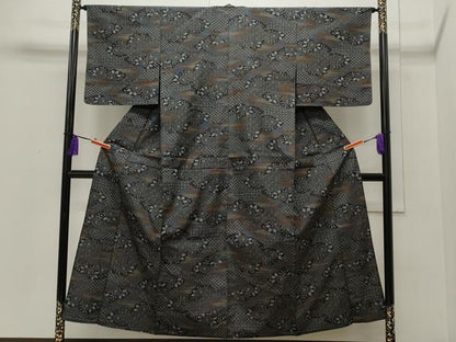 平和屋着物▽上質な紬　単衣　雲重ね七宝花文　正絹　逸品　CAAP5526ut