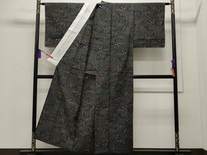 平和屋着物▽上質な紬　単衣　雲重ね七宝花文　正絹　逸品　CAAP5526ut