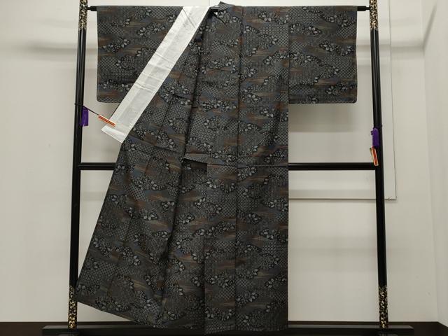 平和屋着物▽上質な紬　単衣　雲重ね七宝花文　正絹　逸品　CAAP5526ut