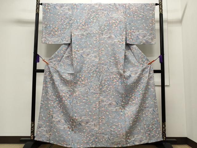 平和屋着物▽上質な小紋 単衣 風景花文 正絹 逸品 CAAP5530ut