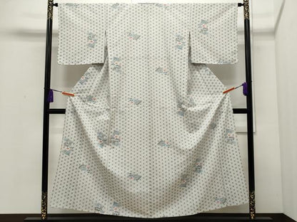 平和屋着物▽小紋 単衣 麻の葉扇面花文 洗える着物 CAAP5545ut