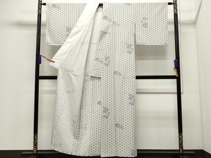 平和屋着物▽小紋 単衣 麻の葉扇面花文 洗える着物 CAAP5545ut
