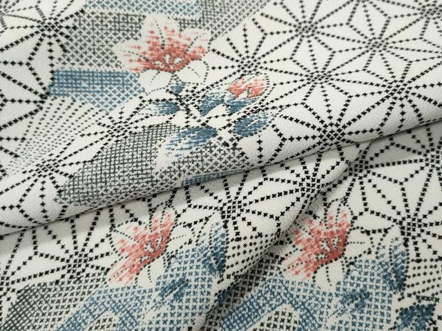 平和屋着物▽小紋 単衣 麻の葉扇面花文 洗える着物 CAAP5545ut