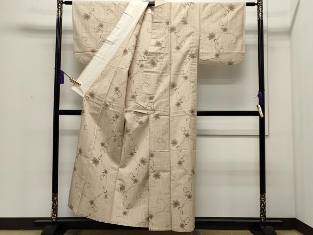 平和屋着物▽上質な紬 単衣 花唐草文 正絹 逸品 CAAP5564ut
