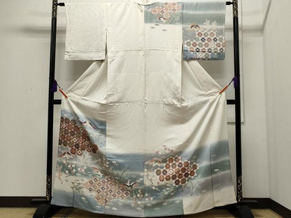 平和屋着物▽訪問着　単衣　刺繍　飛鶴吉祥松竹梅文　暈し染め　正絹　逸品　CAAP5587ut