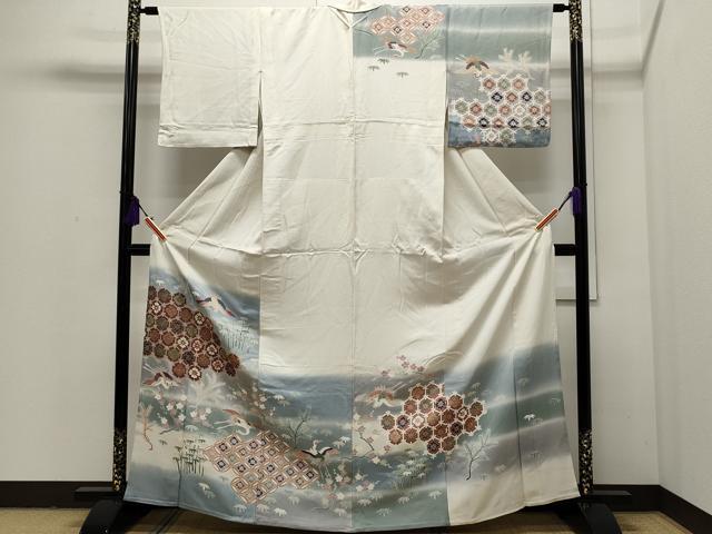 平和屋着物▽訪問着　単衣　刺繍　飛鶴吉祥松竹梅文　暈し染め　正絹　逸品　CAAP5587ut