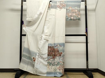 平和屋着物▽訪問着　単衣　刺繍　飛鶴吉祥松竹梅文　暈し染め　正絹　逸品　CAAP5587ut
