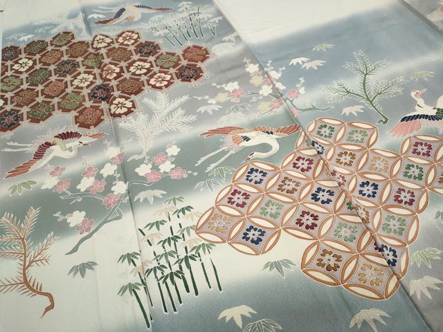 平和屋着物▽訪問着　単衣　刺繍　飛鶴吉祥松竹梅文　暈し染め　正絹　逸品　CAAP5587ut